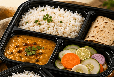 A Manorath Foods food box with rice, dal, roti and fresh vegetables